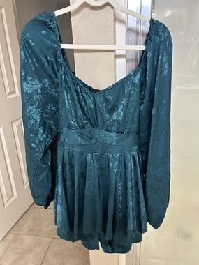 Altar'd State Teal Jacquard Long Sleeve Mini Romper